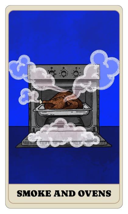 tarot card showing an oven on fire