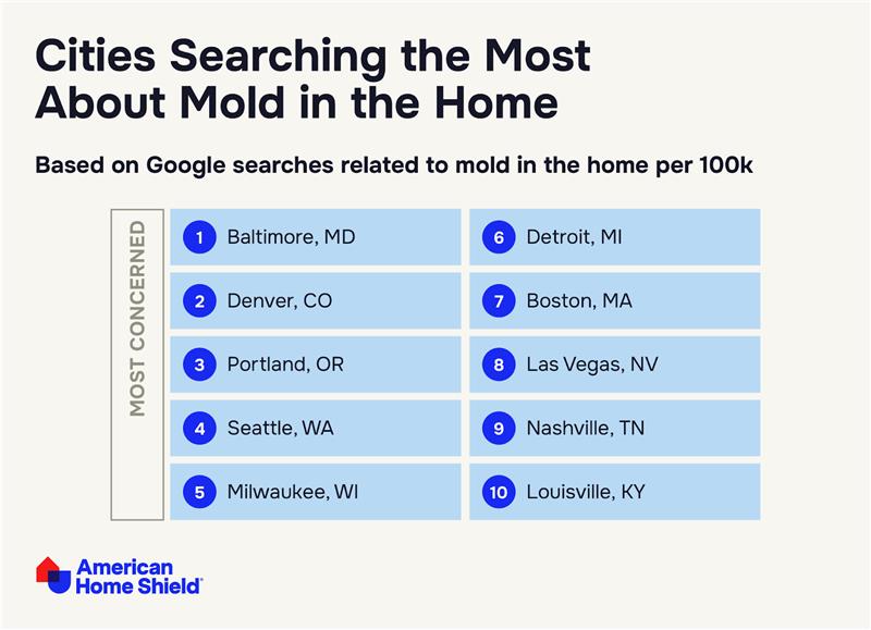 Alt text: Graphic showing the U.S. cities searching the most about mold in the home - study by ahs.com
