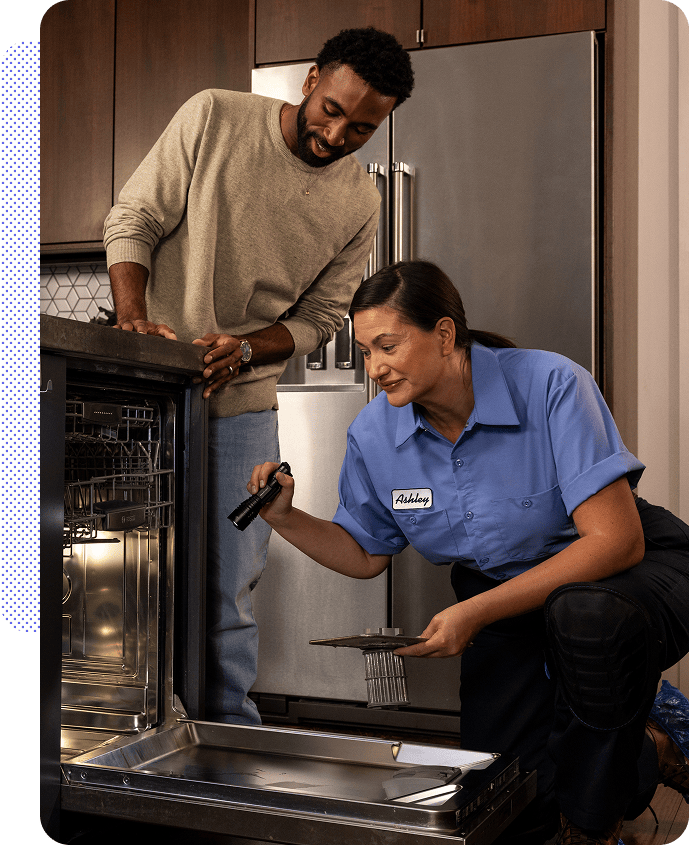 Expert inspecting oven for homeowner